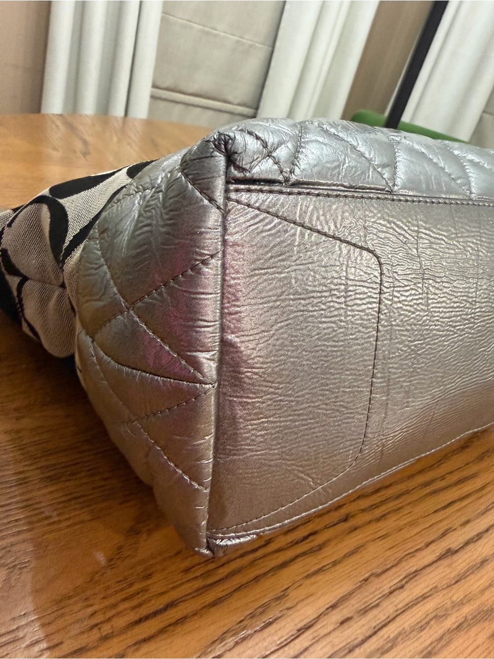COACH Poppy Metallic Silver Quilted Leather and Black C Logo Canvas - Picture 8 of 14